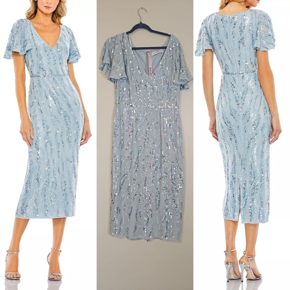 Mac Duggal Sequined V-Neck Flutter Sleeve Tea-Length Dress